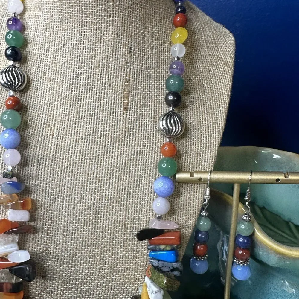 New Handcrafted Genuine Semi Precious Gemstone Necklace & Earrings 22”